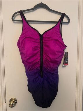 Speedo Pink to Purple Ombre Zip-Front One-Piece Swimsuit